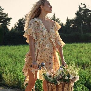 Spell Fleur Flutter Sleeve Mini Dress in Macaroon